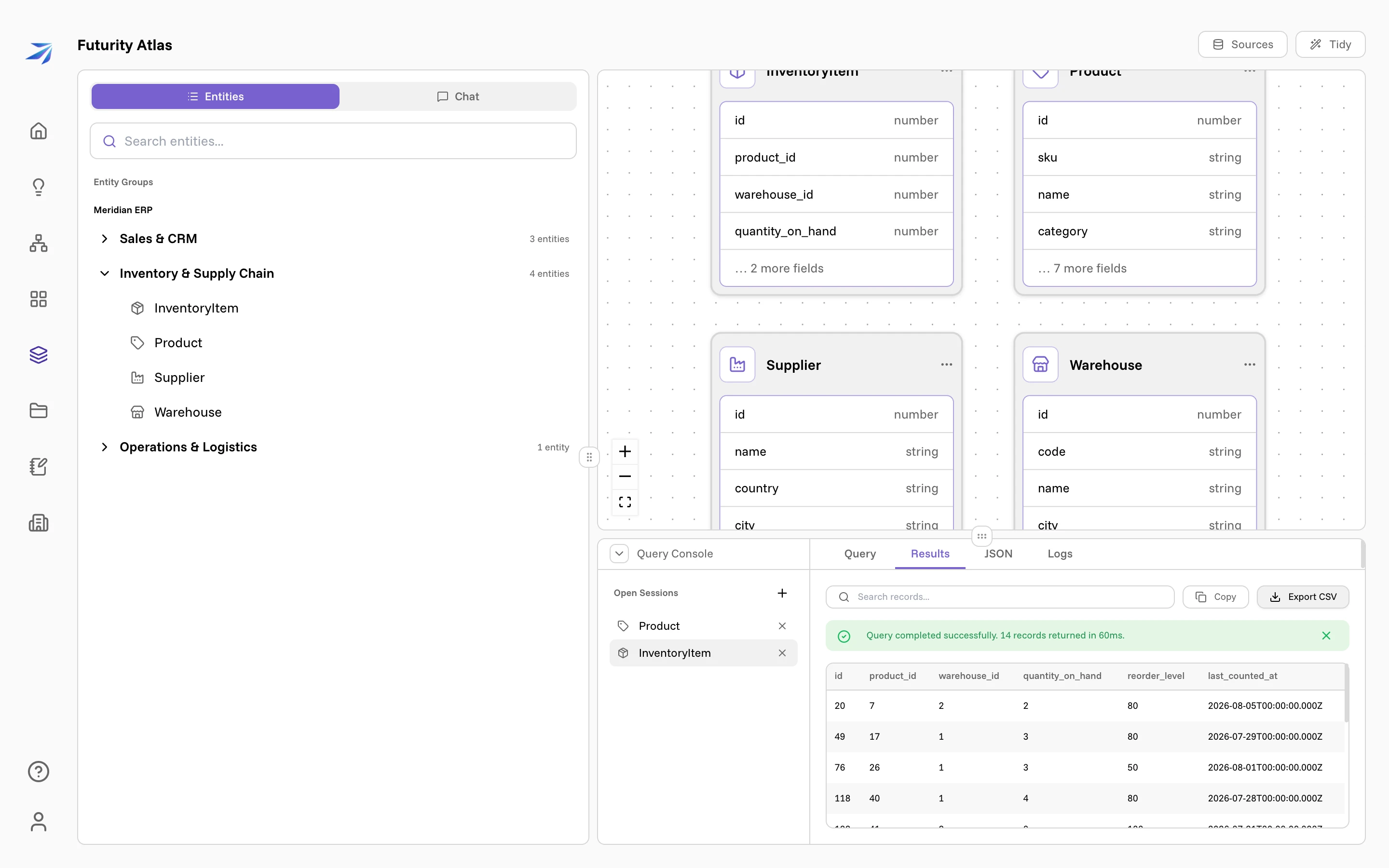 The Results tab: 14 records returned in 60ms, with the matching inventory rows in a table