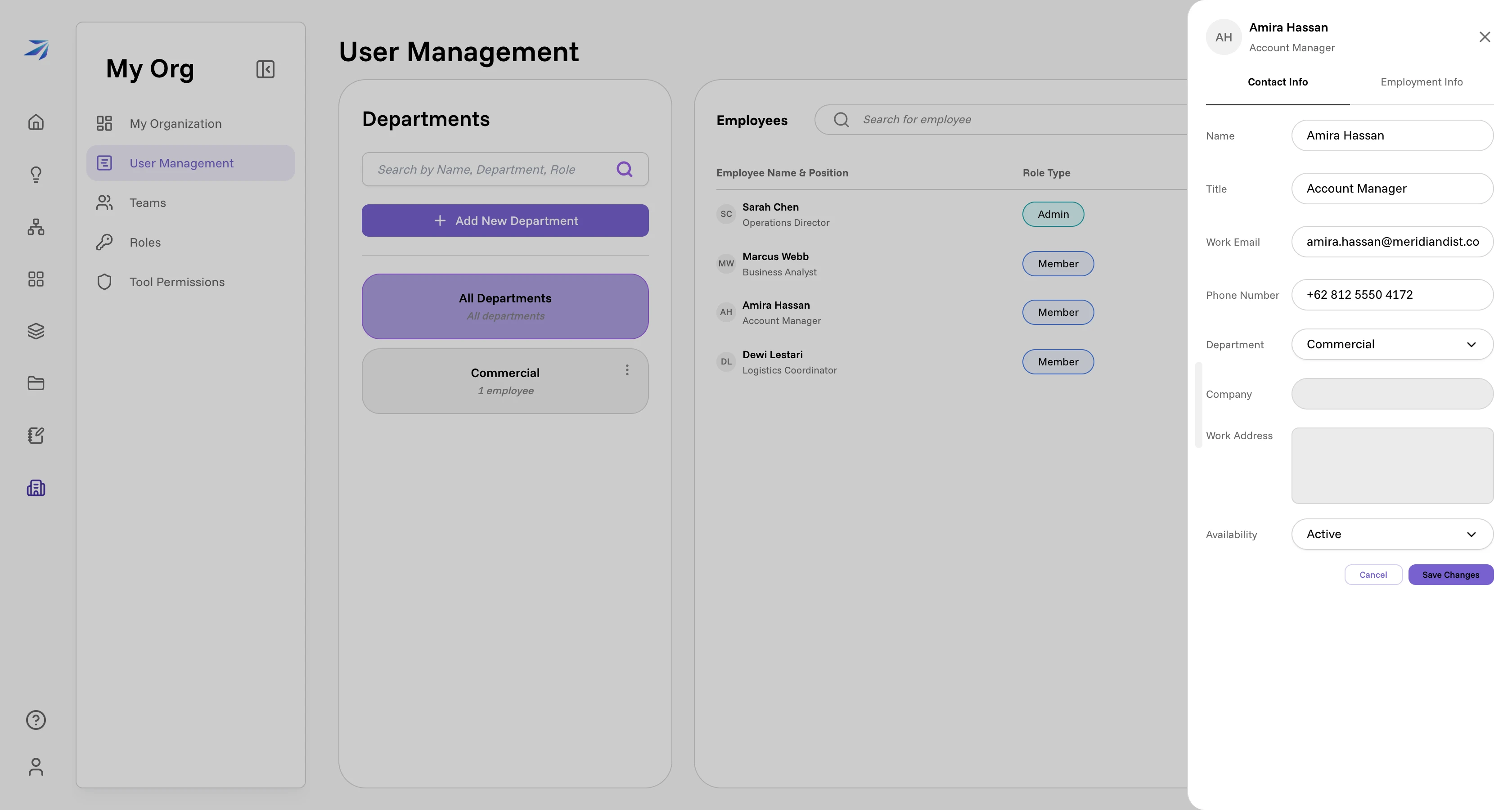 The employee panel open on Contact Info, with a Department selected