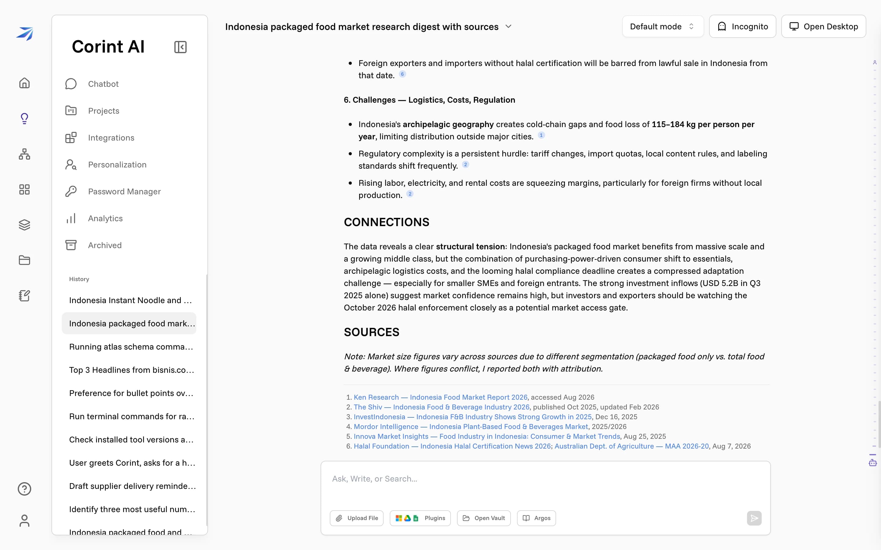 The end of the research digest: numbered citation markers on the claims, and a SOURCES section listing six linked reports