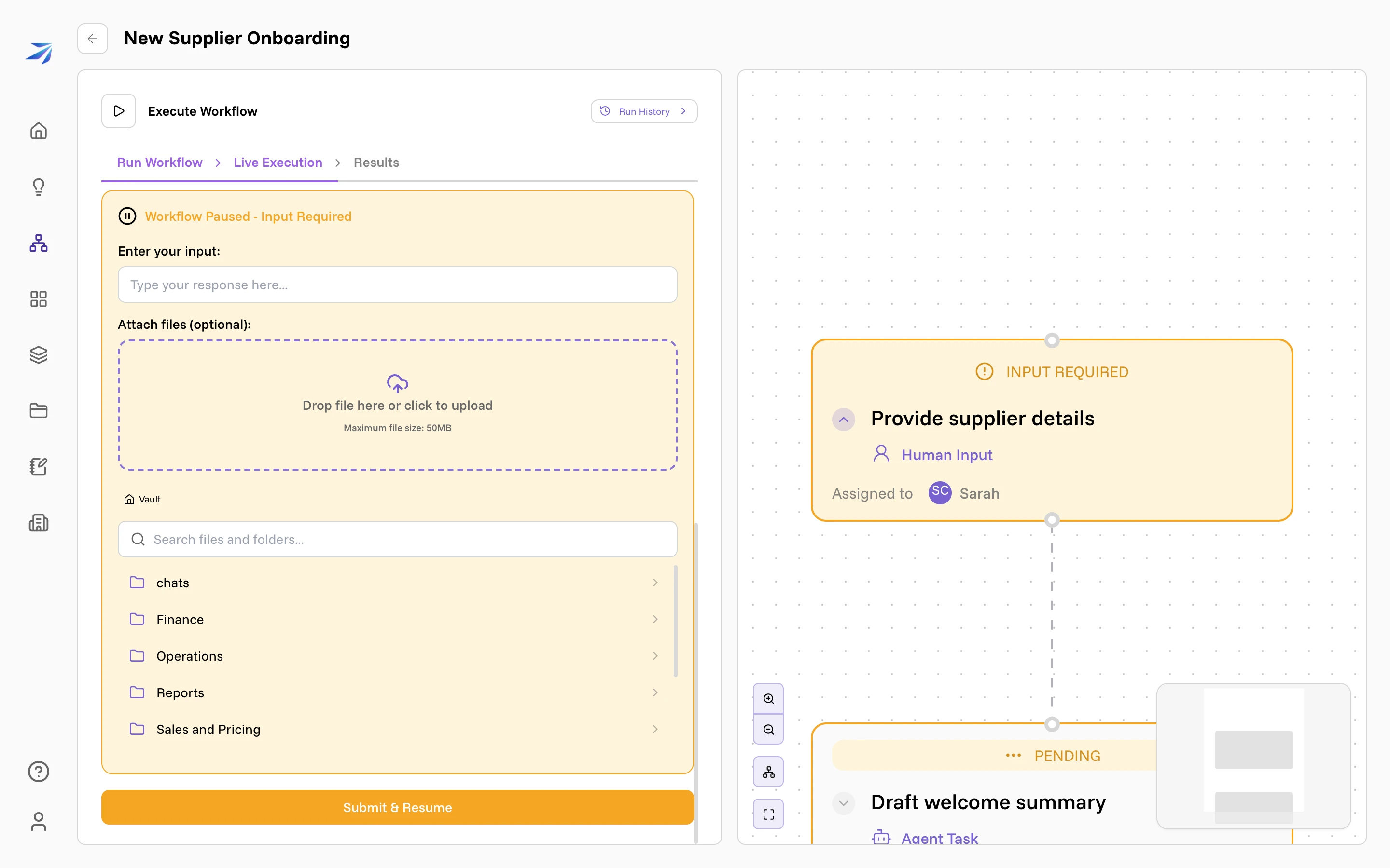 The input form: a response field, a file drop zone, and the Vault browser, above the Submit and Resume button
