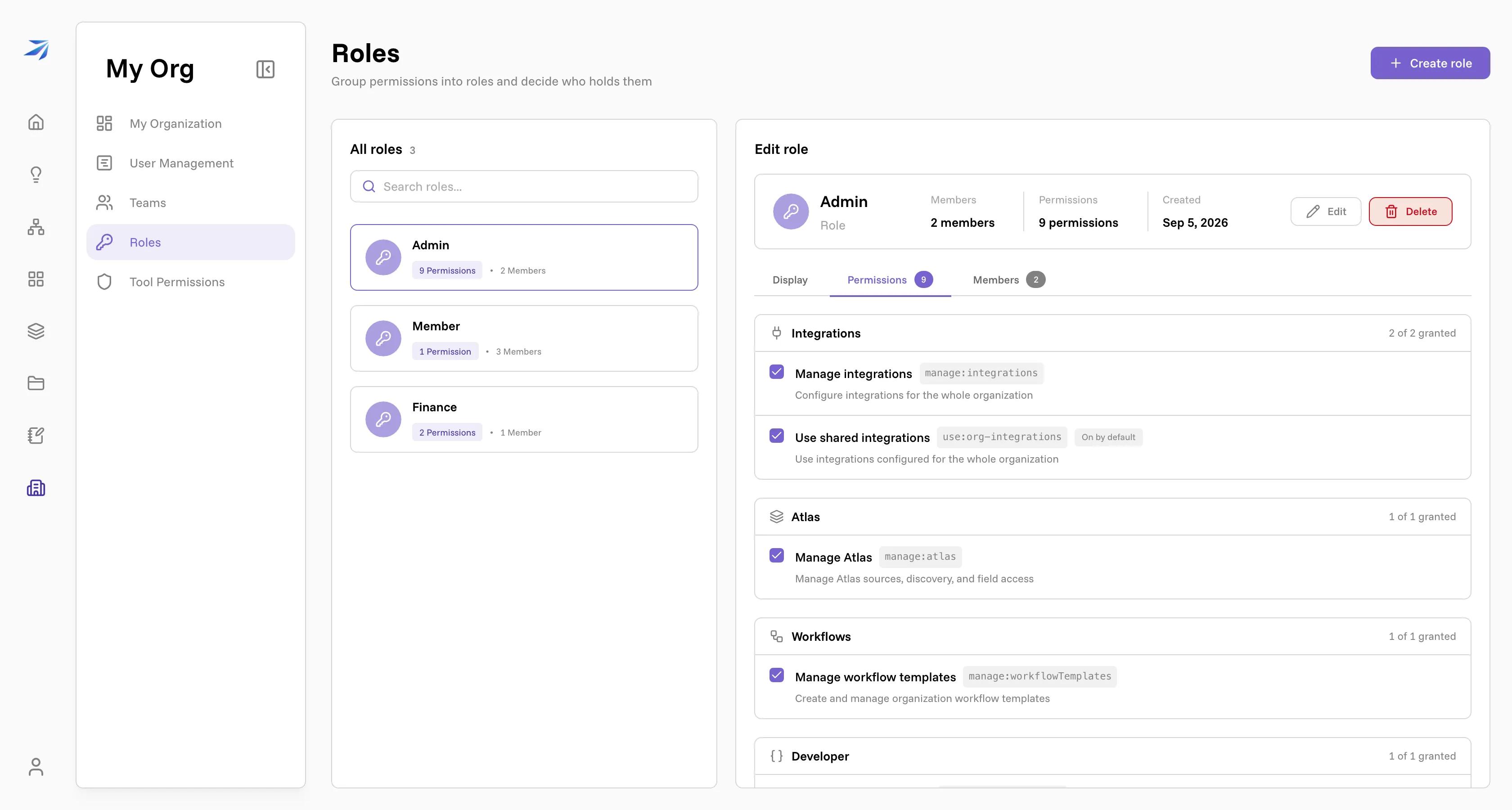 A role's Permissions tab, scrolled to the Integrations group, with manage:integrations and use:org-integrations ticked