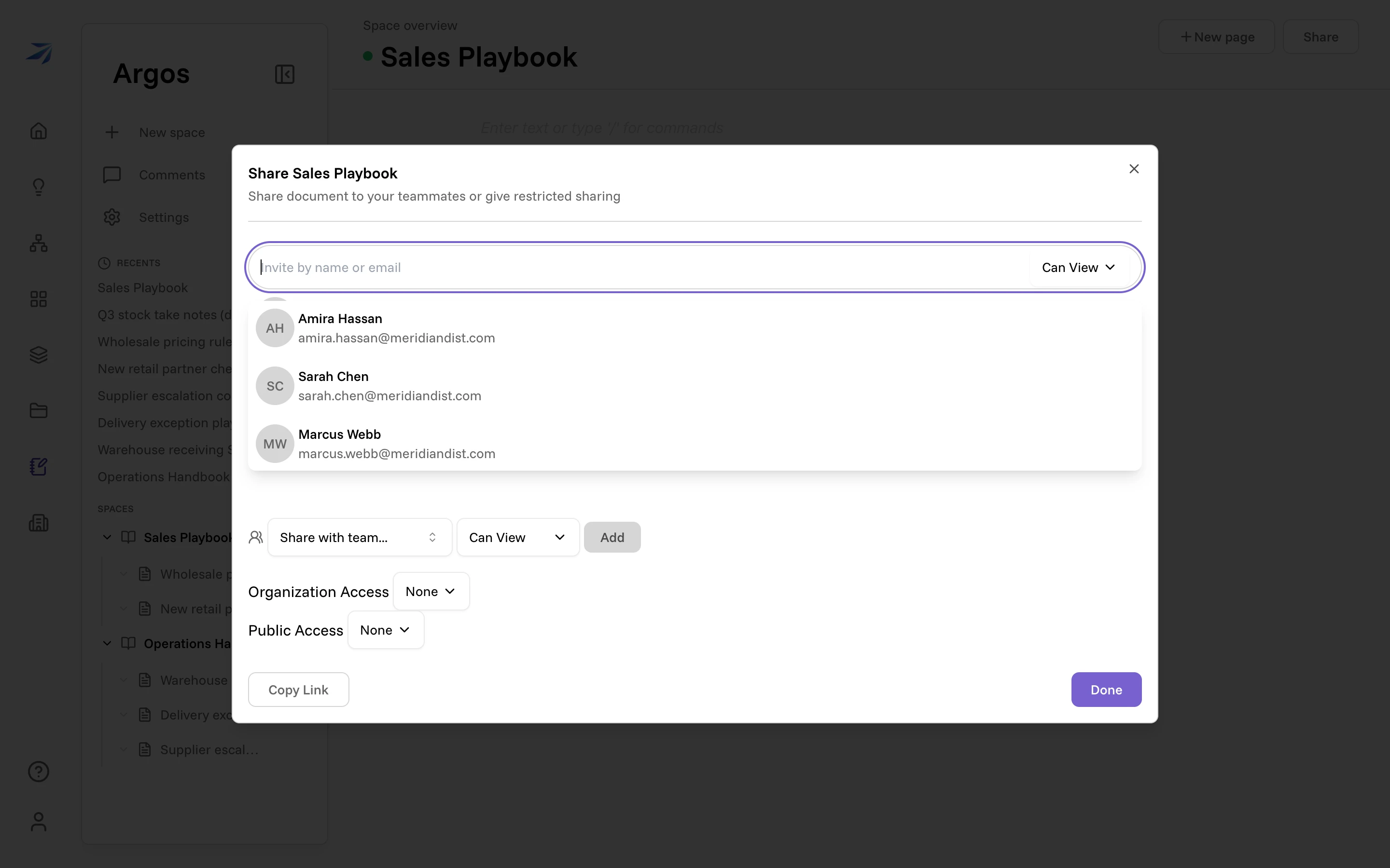 The Share dialog for a space, with per-person invites, team sharing, and organization-wide access