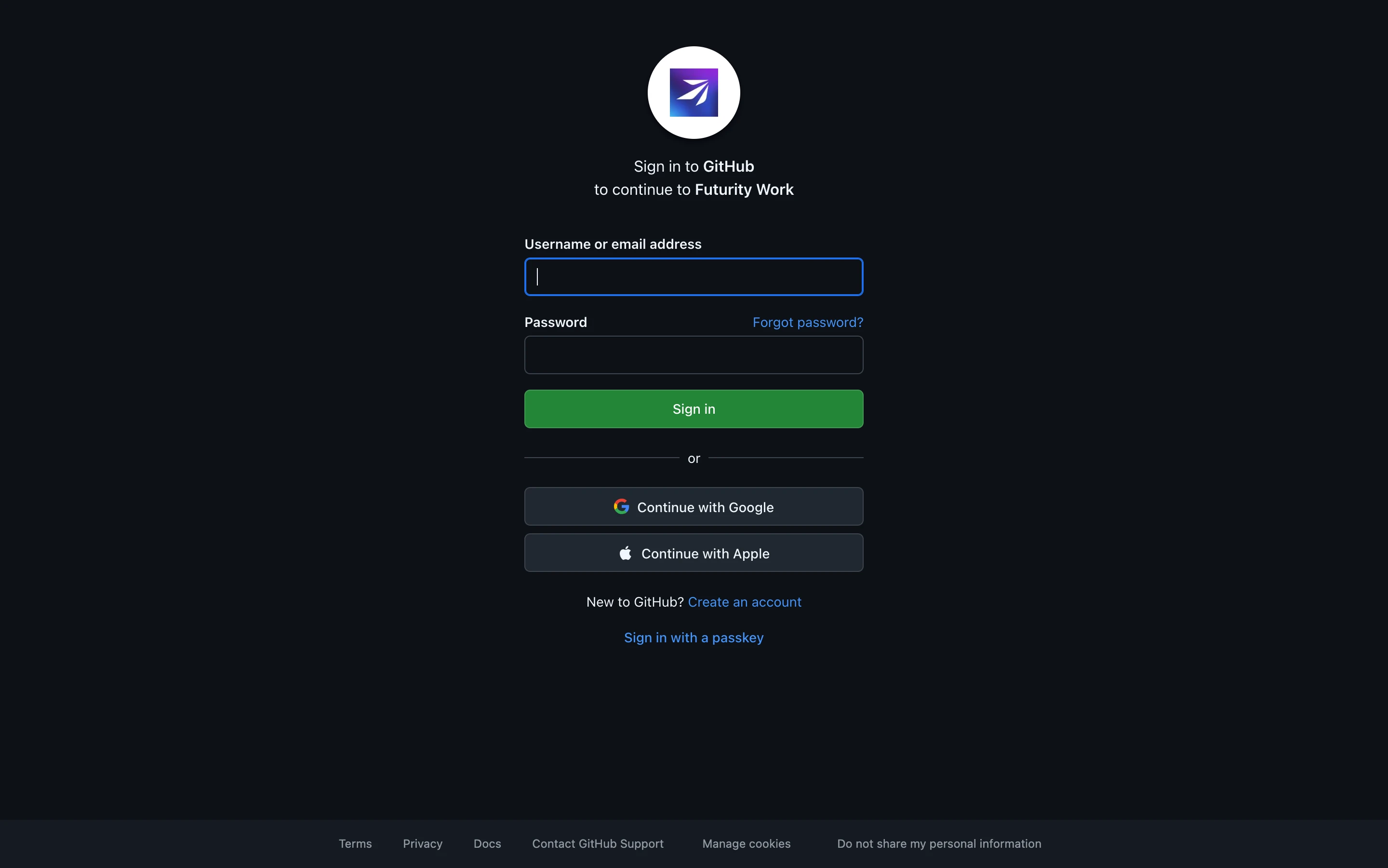 GitHub's sign-in page, headed "Sign in to GitHub to continue to Futurity Work"
