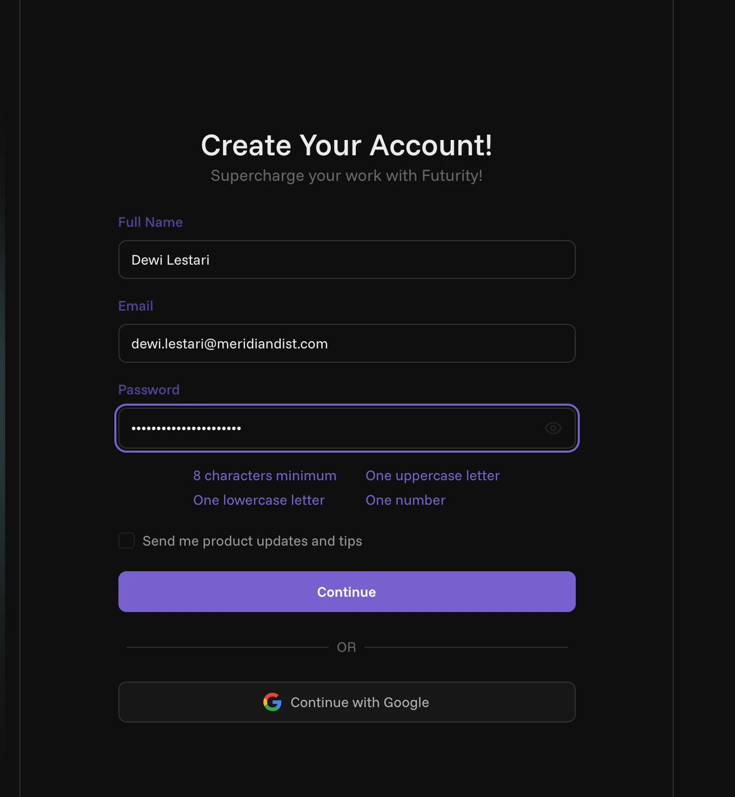 The signup form filled in for a new employee, with every password rule satisfied