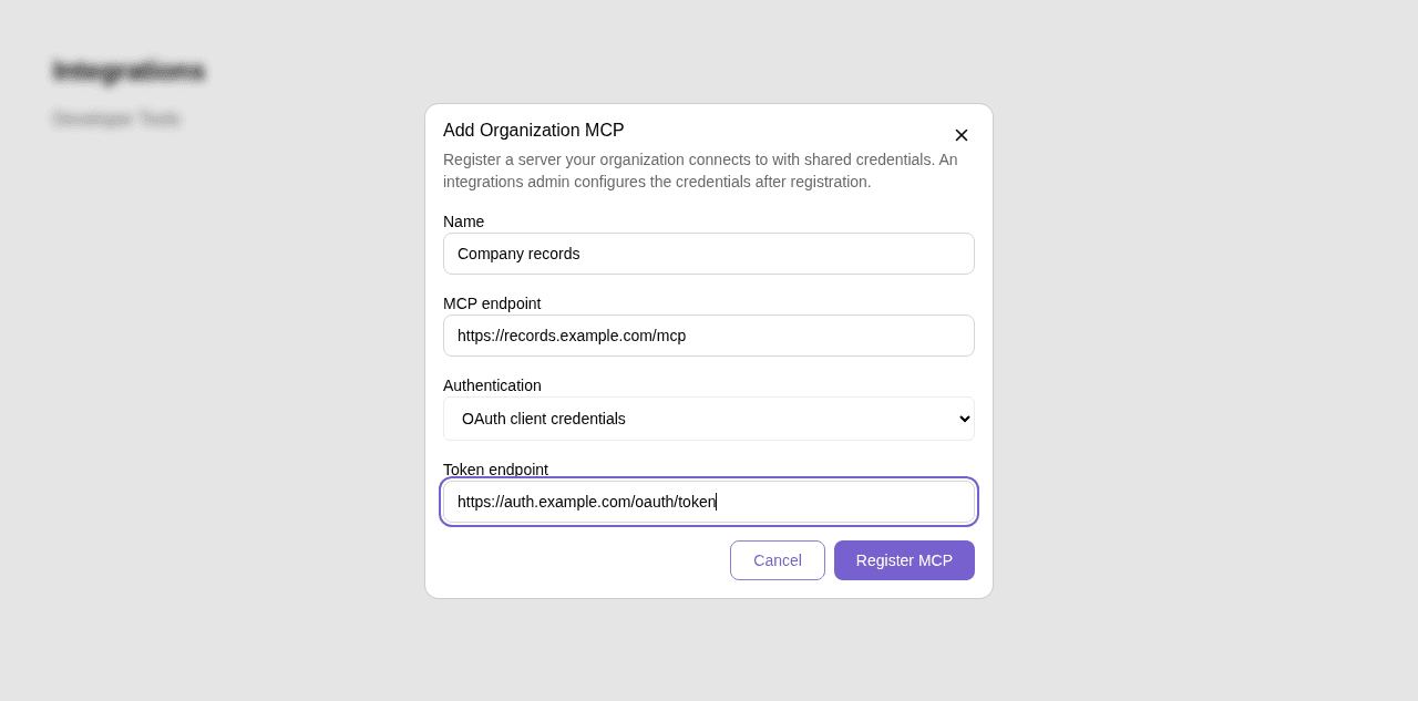 Registering a plain organization MCP server with its name, MCP endpoint, authentication method, and token endpoint