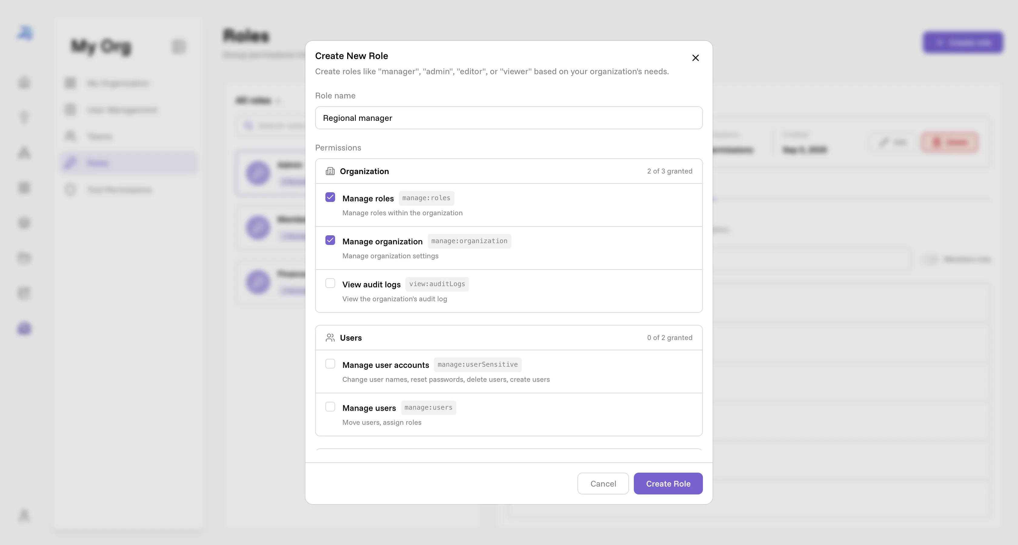 The Create New Role dialog with a name field and the same grouped permission checklist as the editor, manage:roles and manage:organization ticked