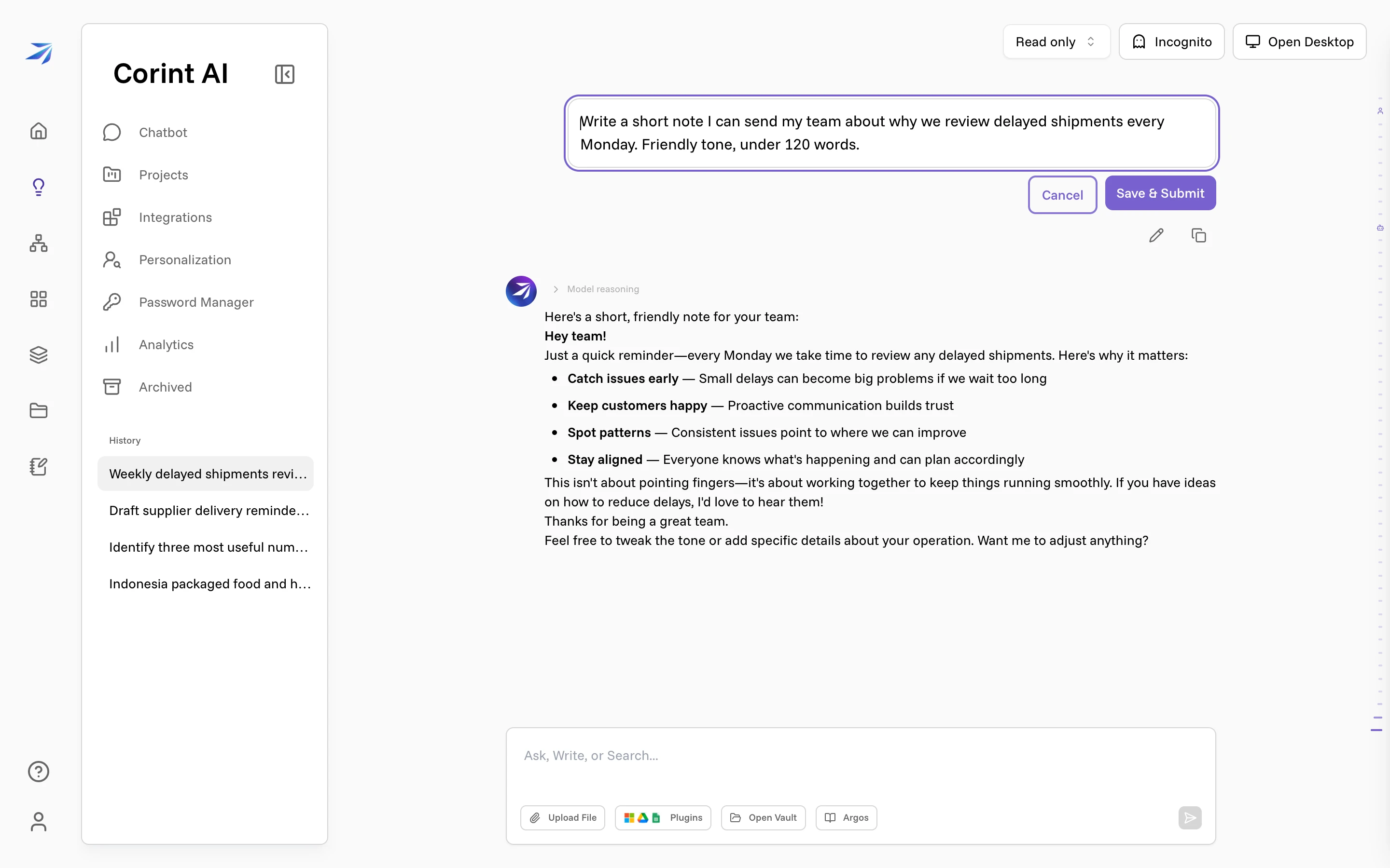 A sent message opened for editing, with Cancel and Save & Submit buttons