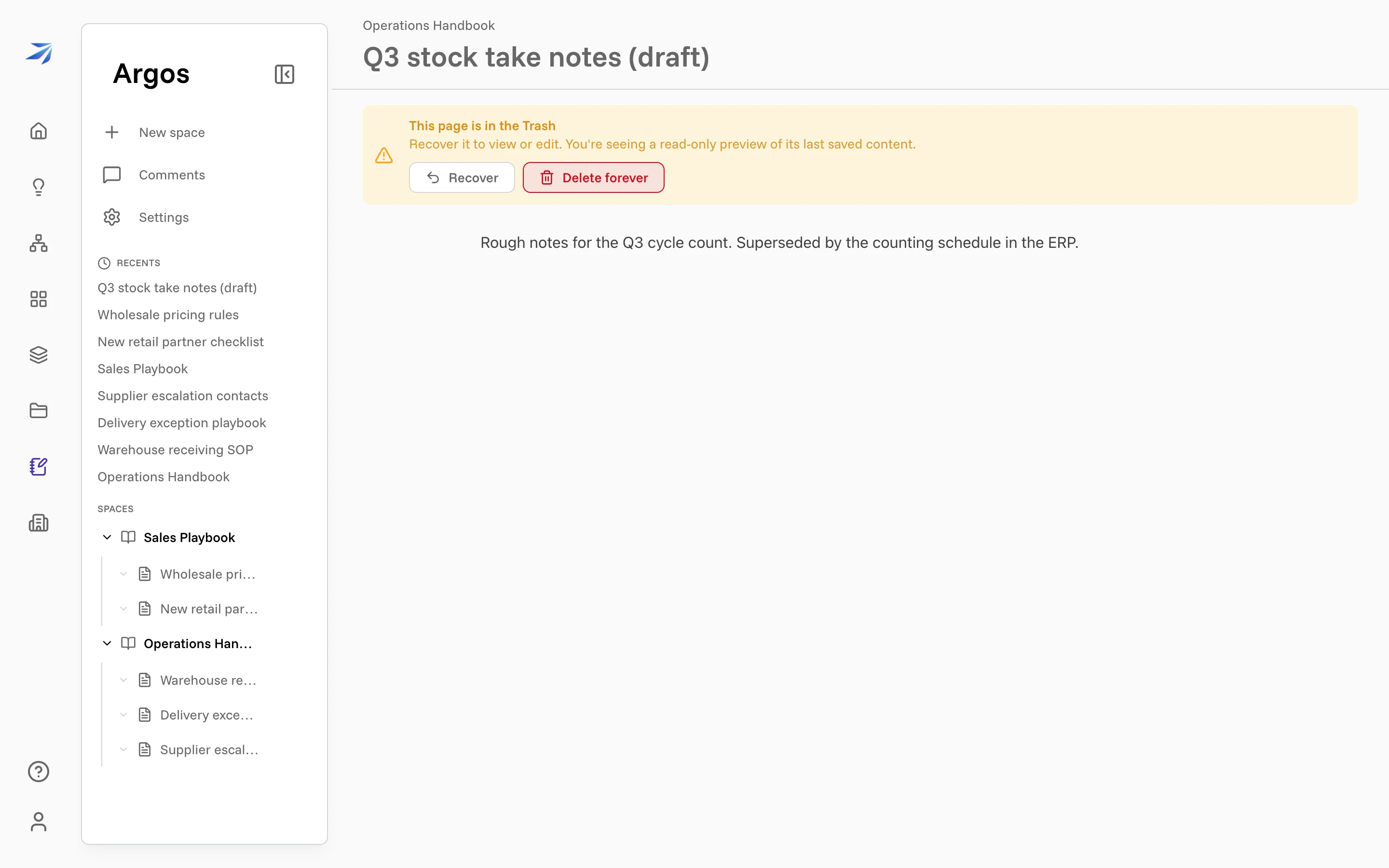 A trashed page showing its read-only preview, with Recover and Delete forever buttons