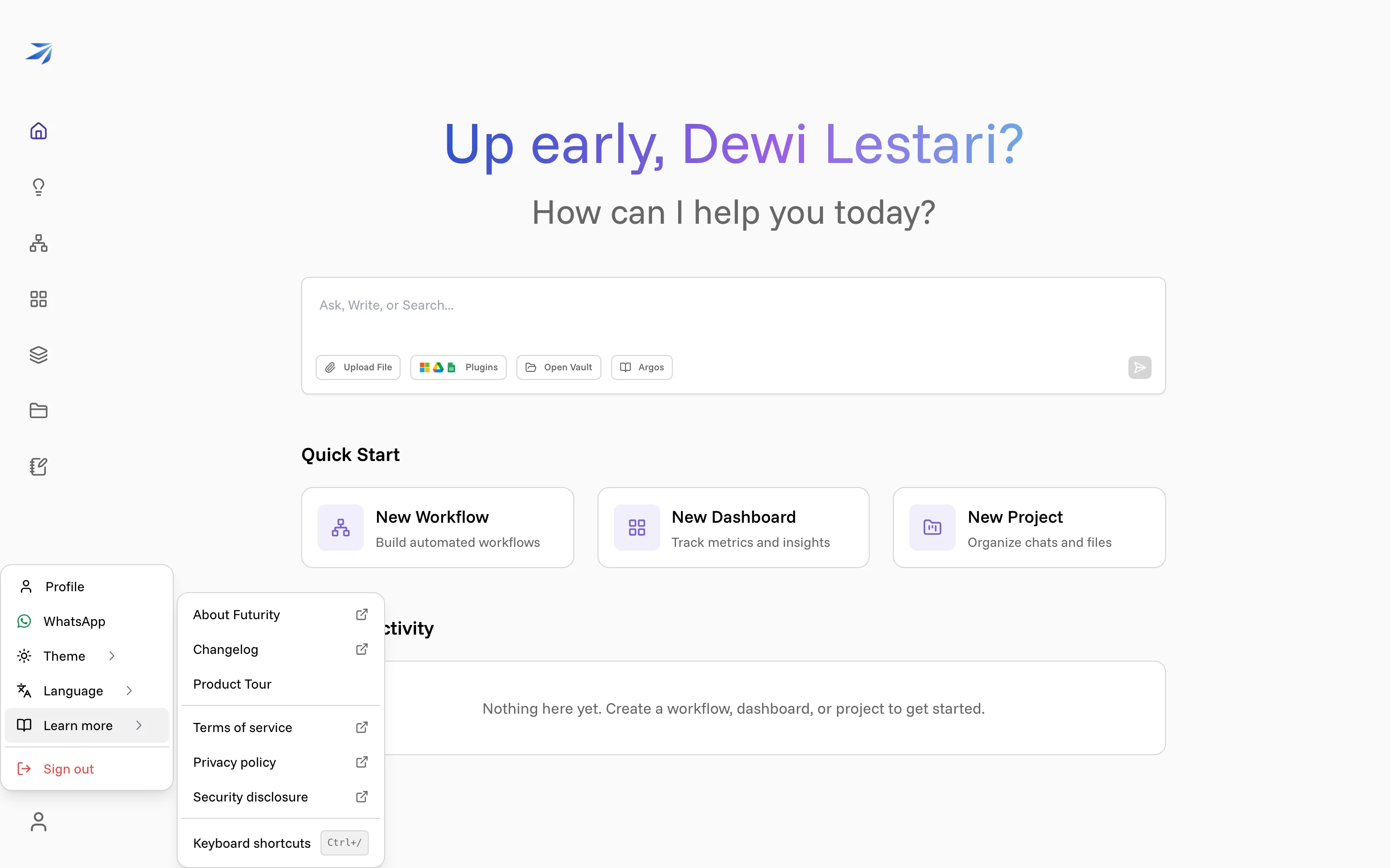 The user menu open on Learn more, with Product Tour in the submenu