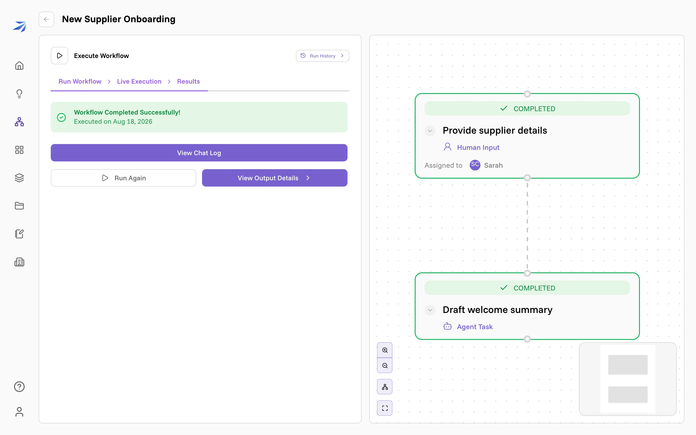 The finished run: Workflow Completed Successfully, with both nodes green on the canvas