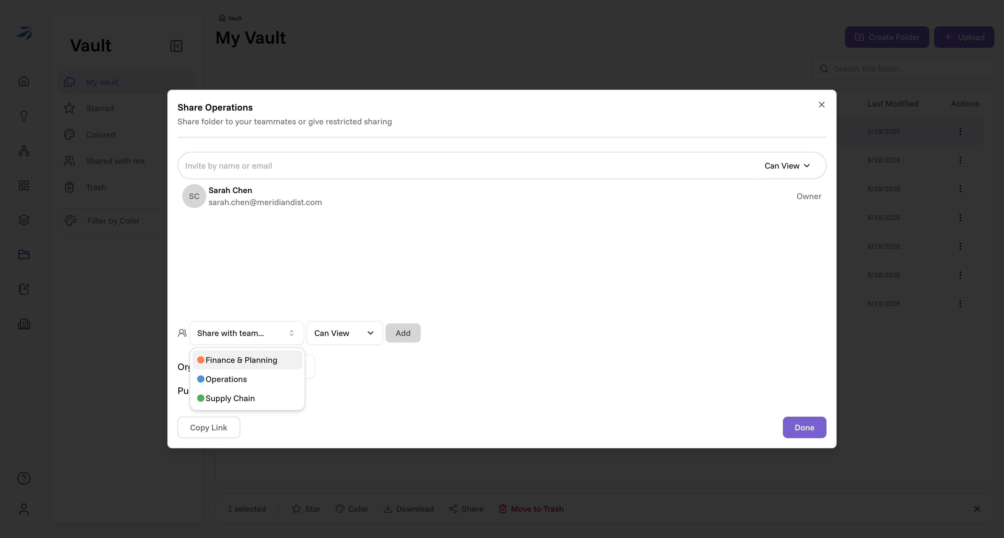 The Vault share dialog with the Share with team dropdown open, listing three teams