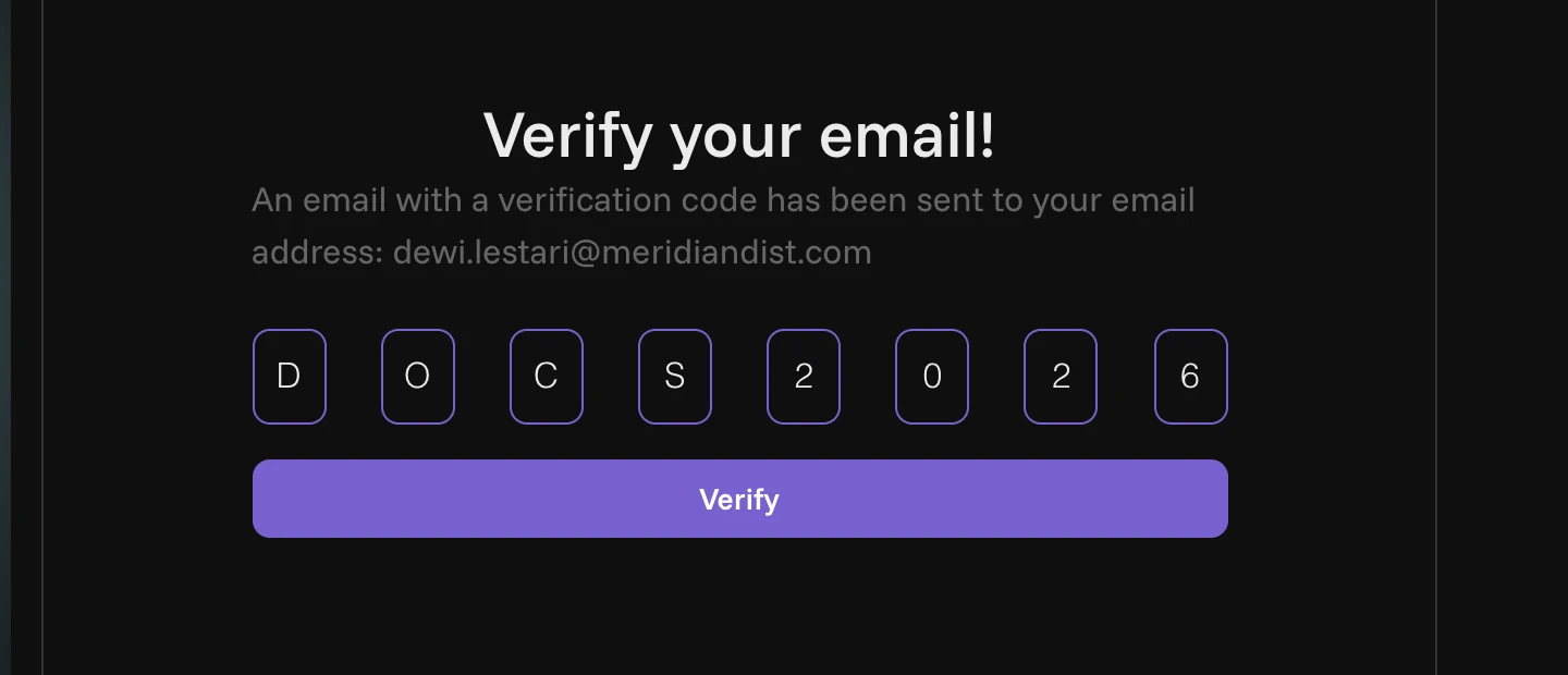 The email verification step, with the code typed into eight boxes