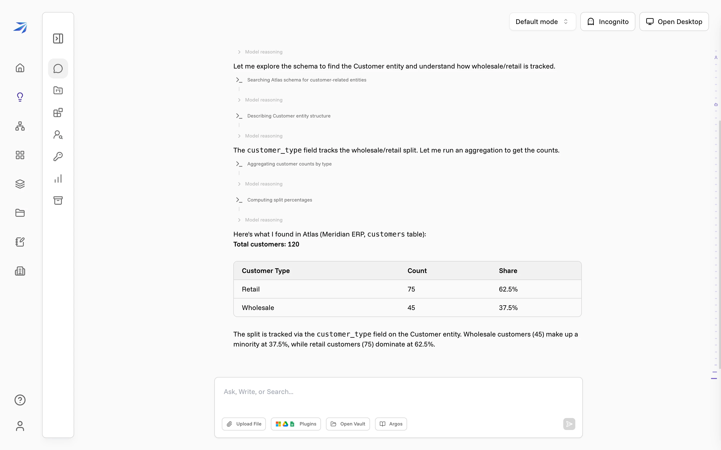 A Corint chat loading Atlas, describing the Customer entity, and answering with a wholesale and retail breakdown